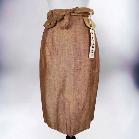 Vintage 60s Belted Midi Pencil Skirt Size 12 Gold Wool Silk Tweed